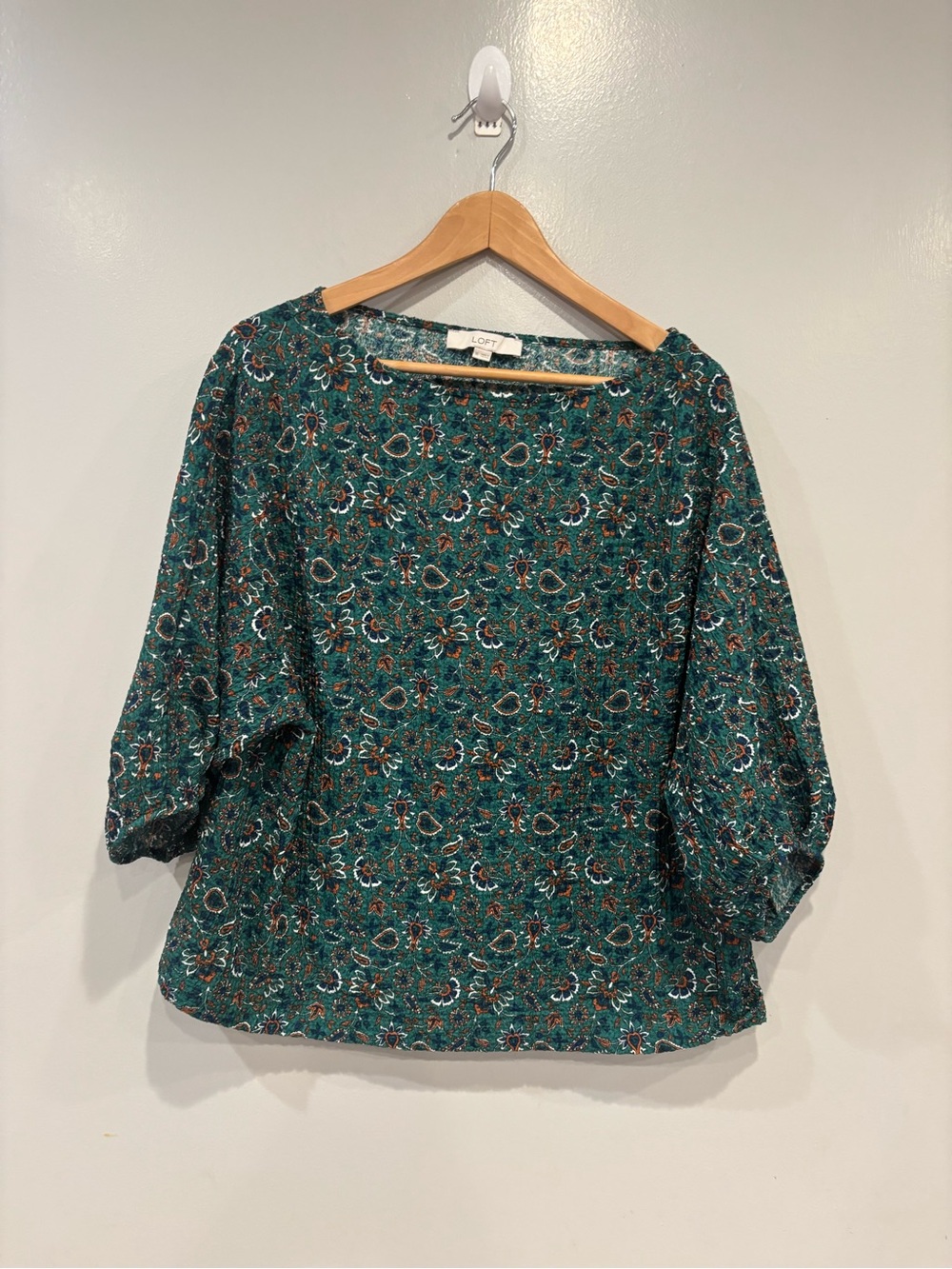 LOFT Teal Green Floral Puff-Sleeve Blouse
